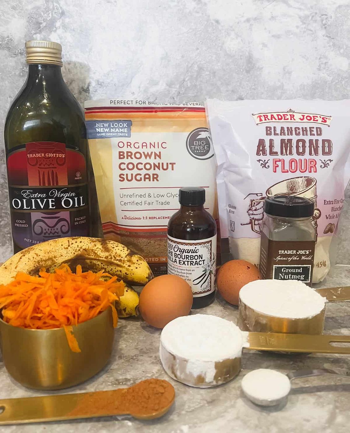 Ingredients needed to make lighter carrot banana bread.