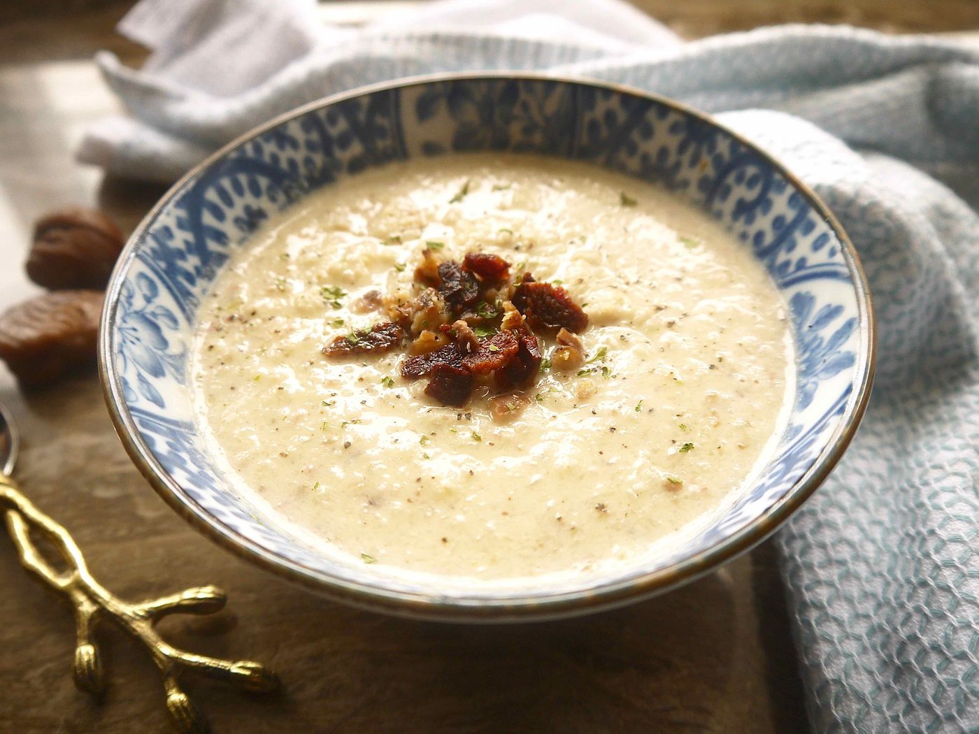 Paleo Cauliflower, Bacon, and Chestnut Soup (GF)