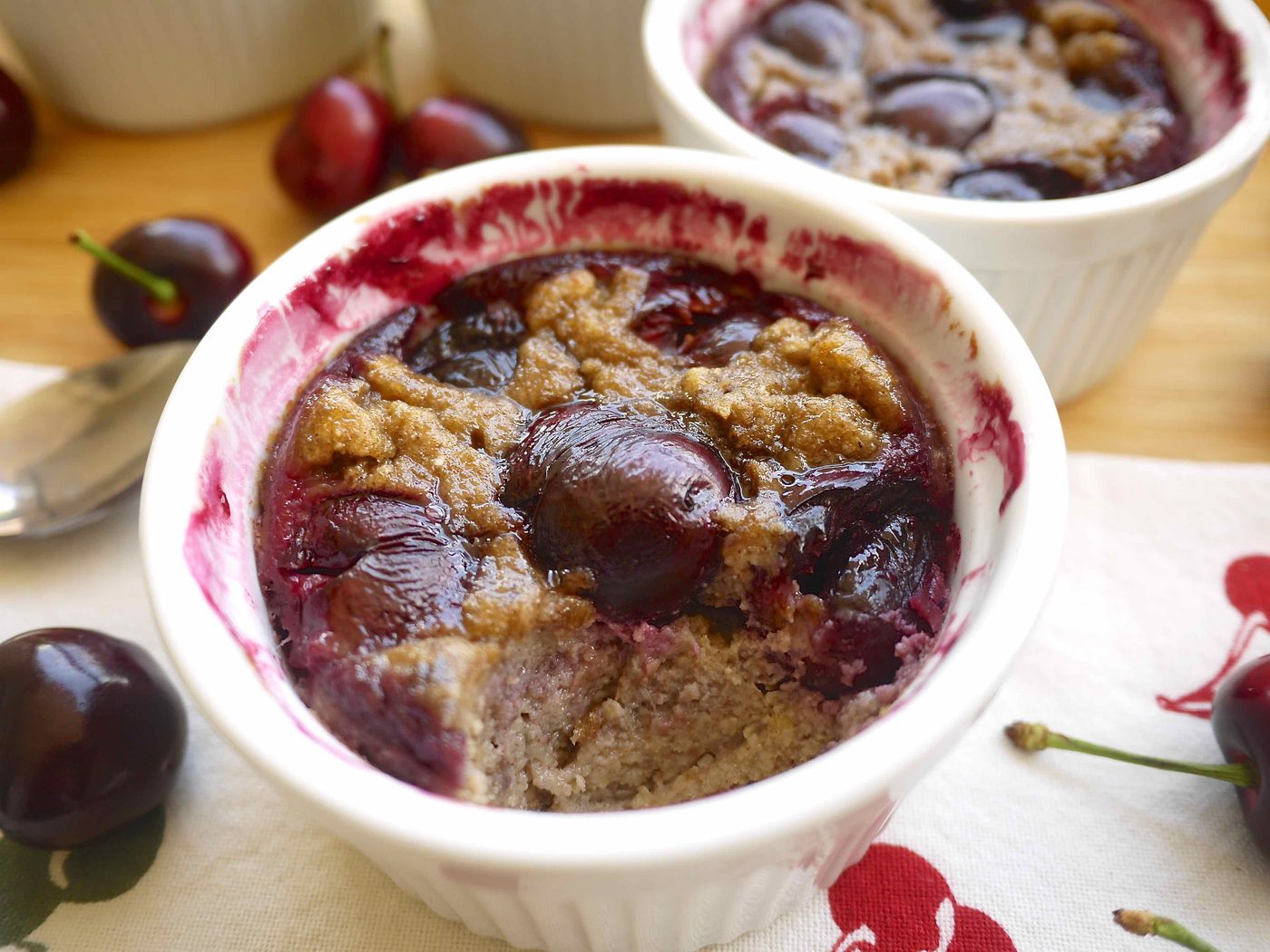 Gluten free Cherry Clafoutis in ramekins.