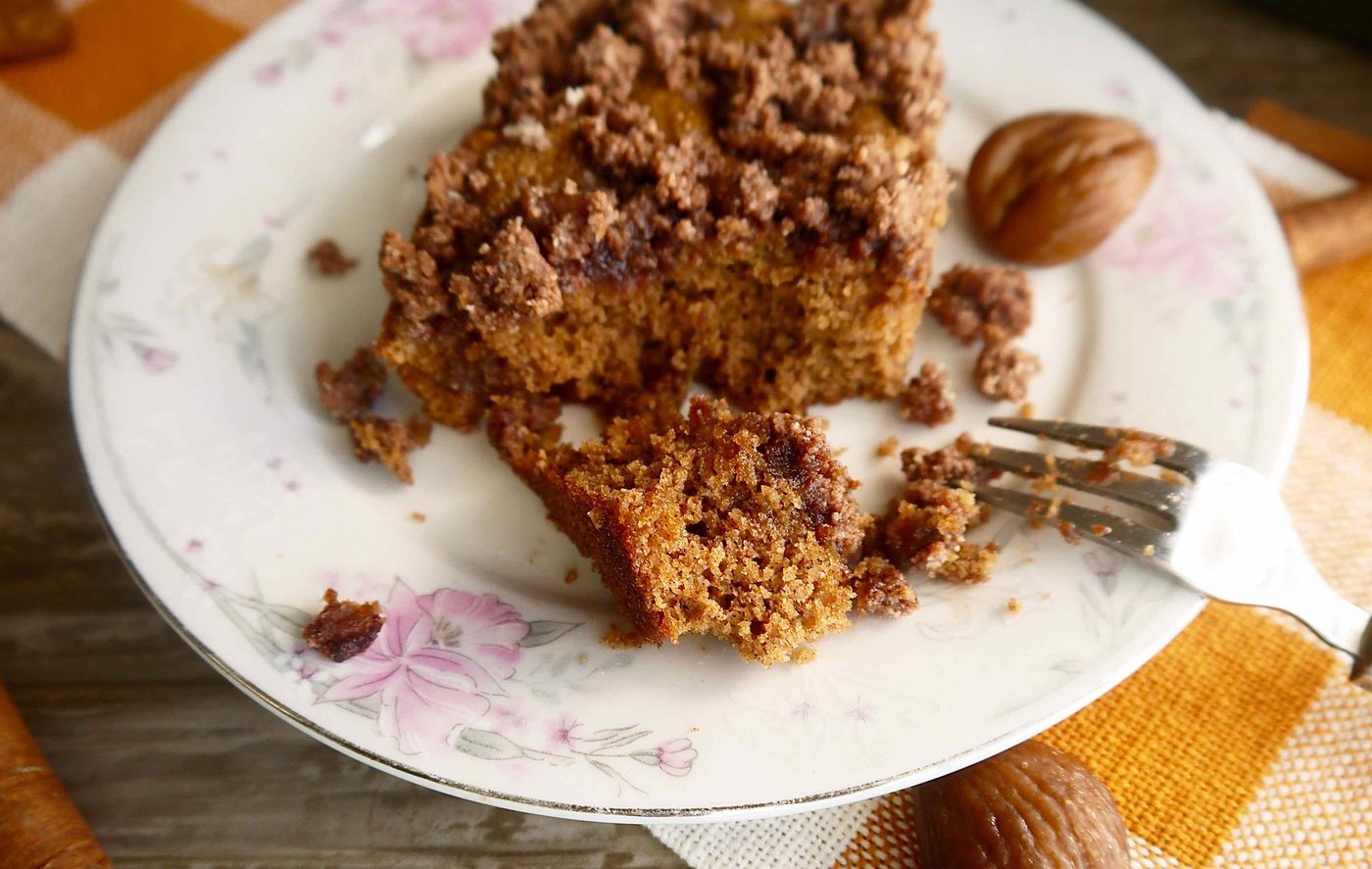 Paleo Chestnut Flour Coffee Cake with a bite taken out of it.