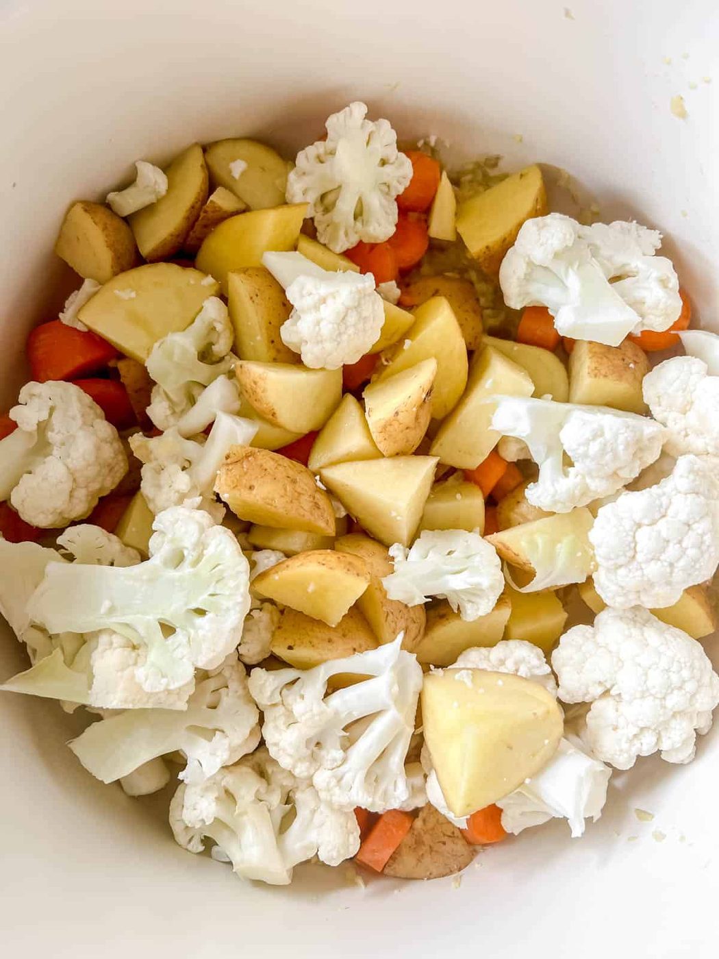 All the veggies added to the soup pan.