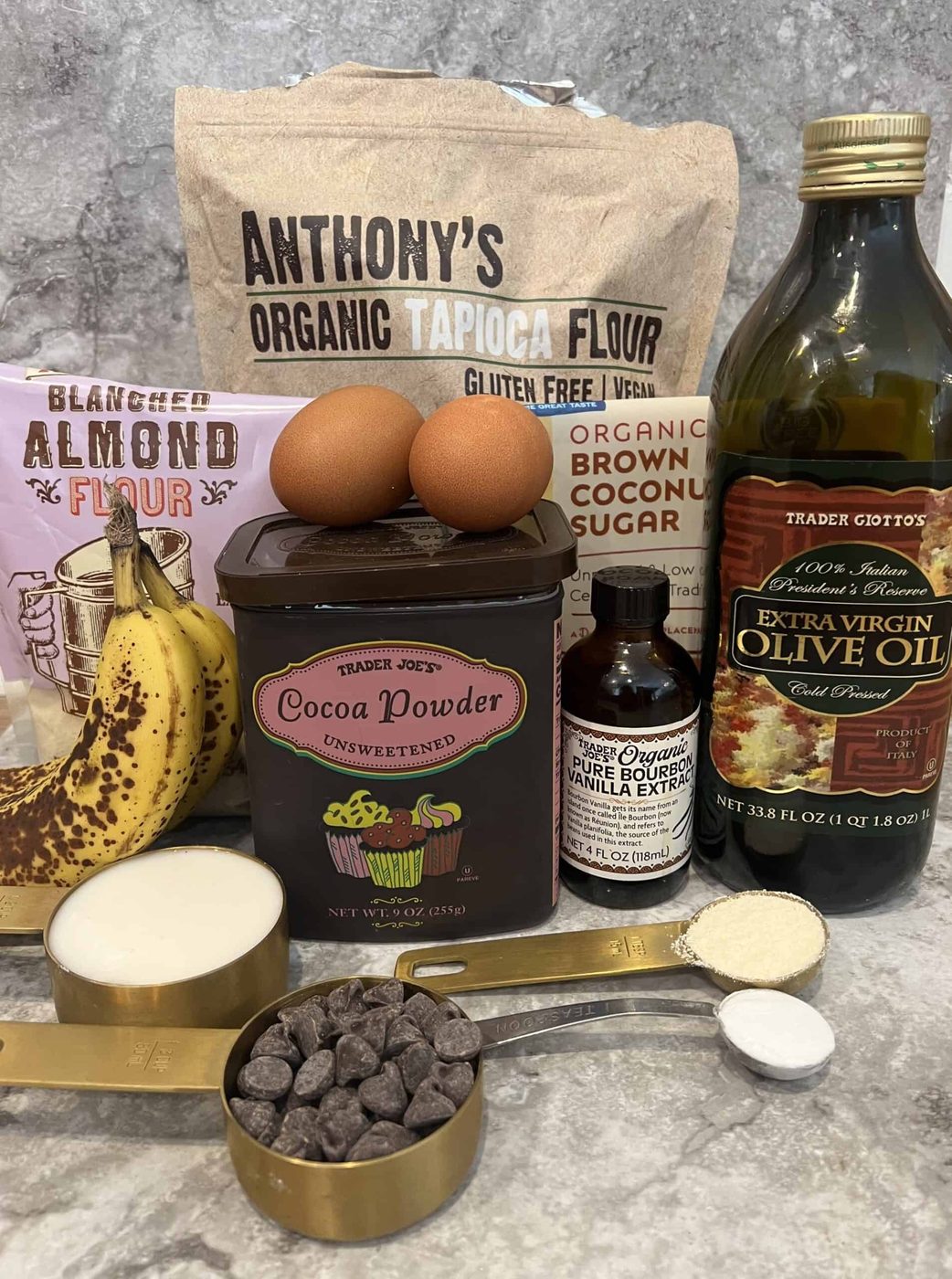 Ingredients needed to make lighter chocolate banana muffins.
