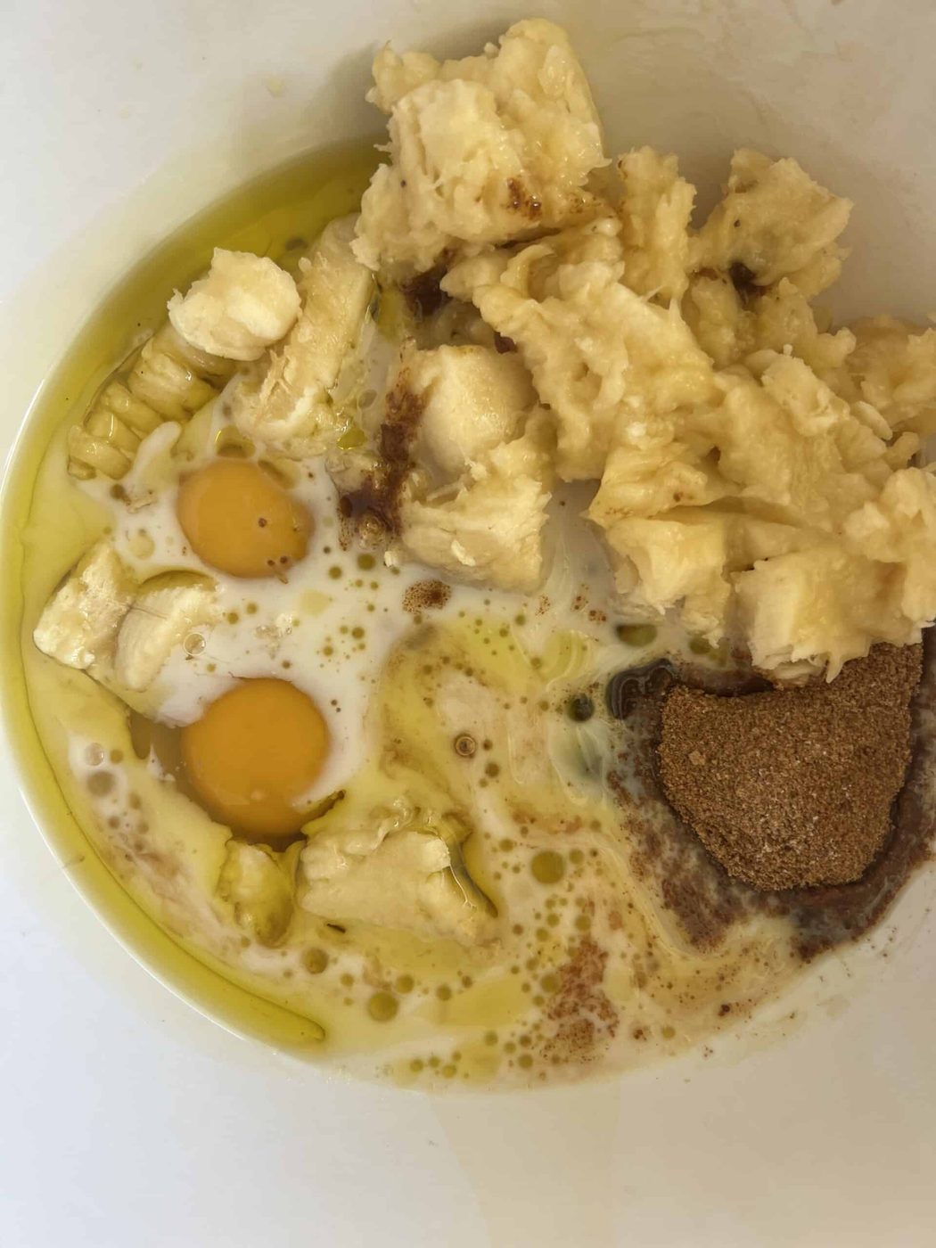 Wet ingredients in a bowl.