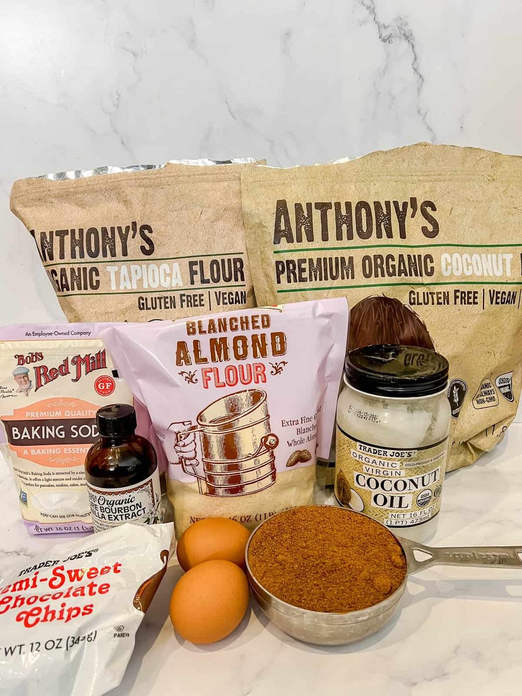 Ingredients needed to make Gluten-Free Chocolate Chip Cookie Bars.