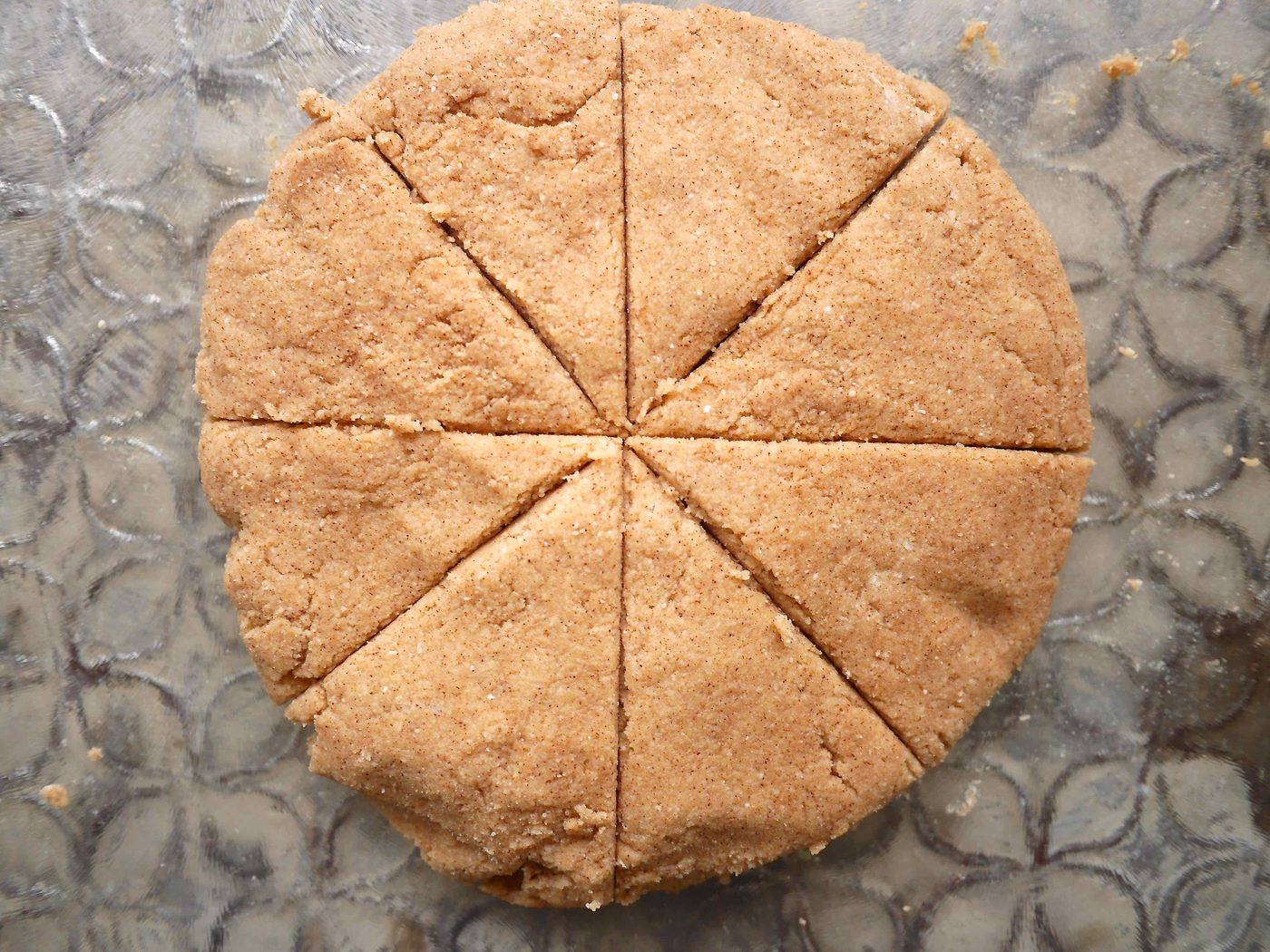 Paleo scone batter cut into 8 pieces.