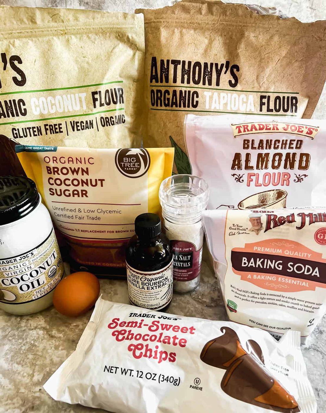 Ingredients needed to make our favorite paleo chocolate chip cookies.