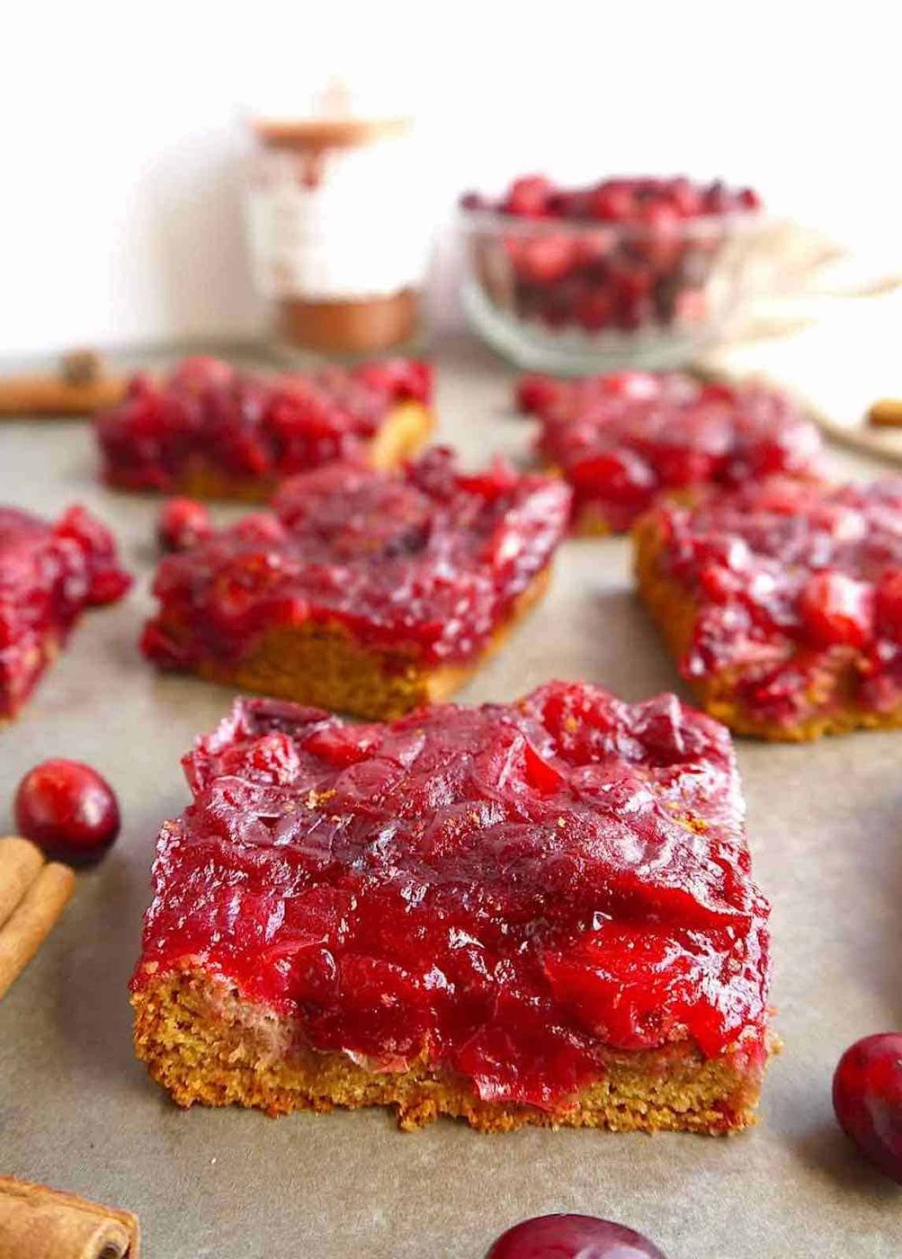 Gluten-free cranberry bars cut into a square.