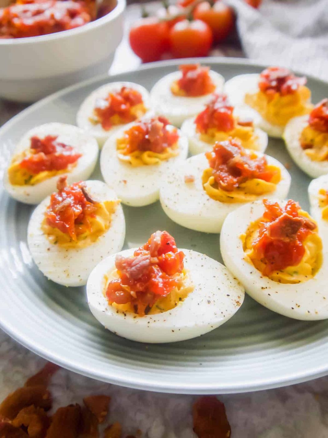 Paleo Deviled Eggs topped with Tomato Bacon Jam (GF)
