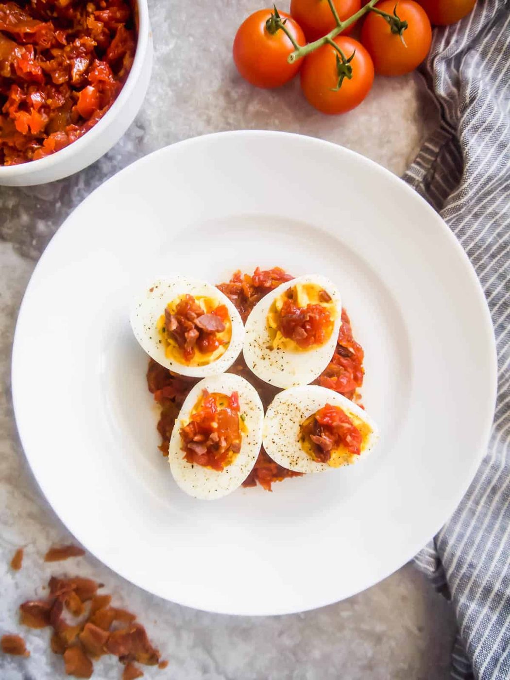 Paleo Deviled Eggs topped with Tomato Bacon Jam (GF)