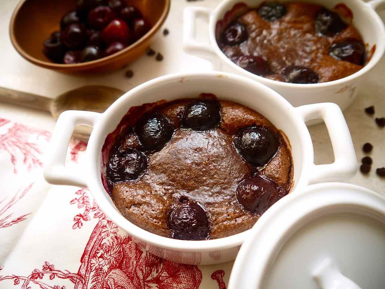 Freshly baked chocolate cherry lava cake.