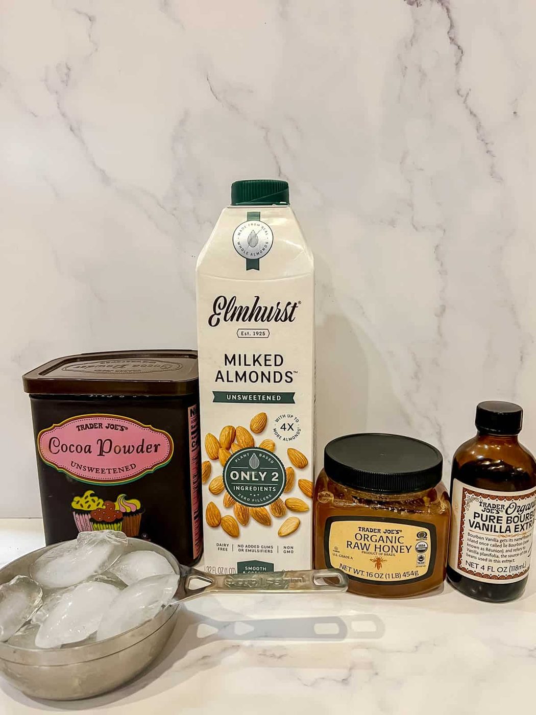 Ingredients needed to make frozen hot chocolate.