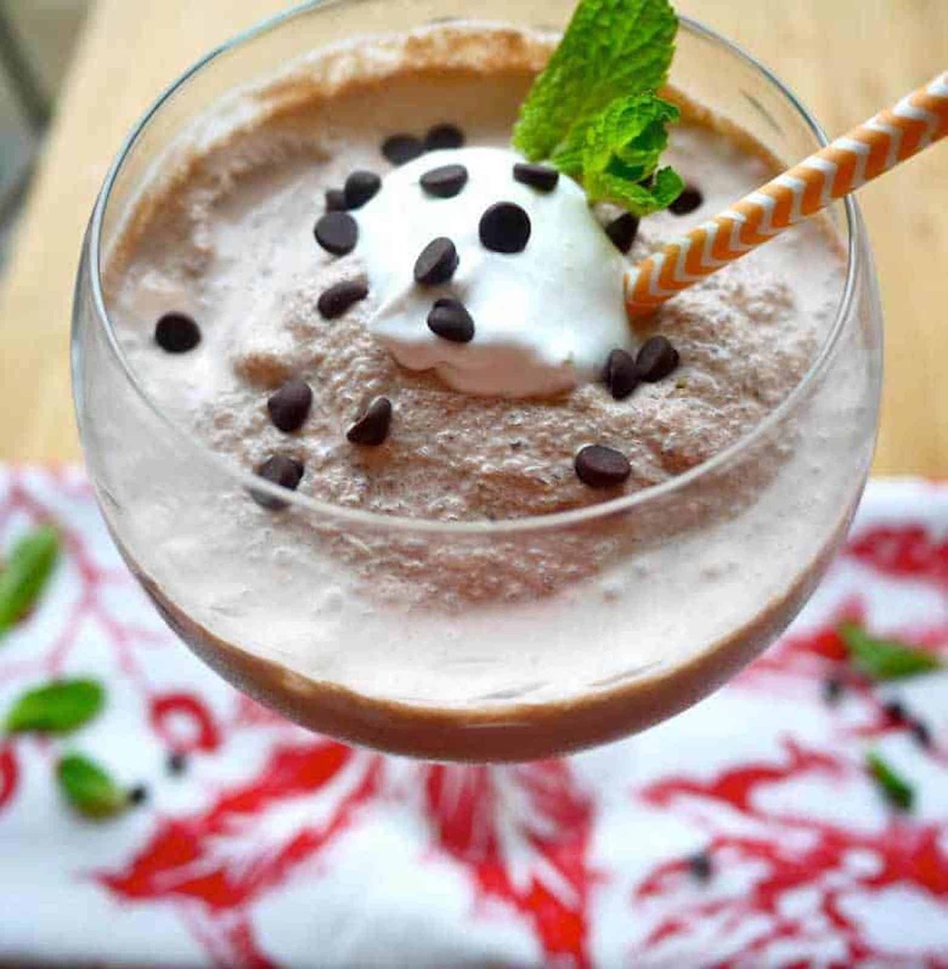 Dairy-free frozen hot chocolate with whipped cream on top.
