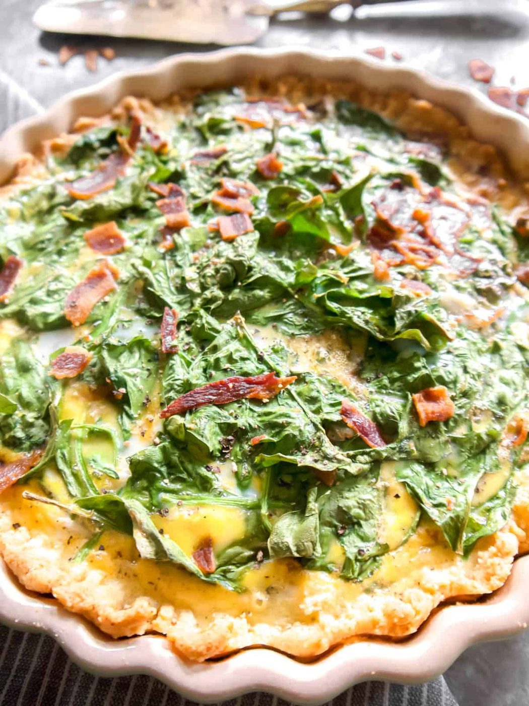 Gluten-free Bacon Spinach Quiche before being served.