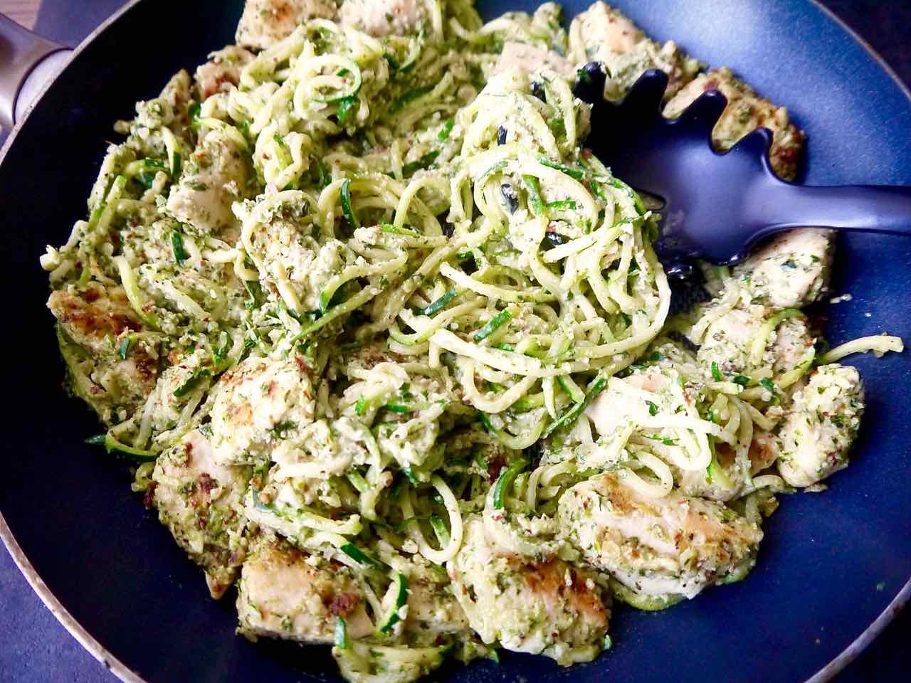Paleo Green Pepper and Almond Pesto Zoodles & Chicken