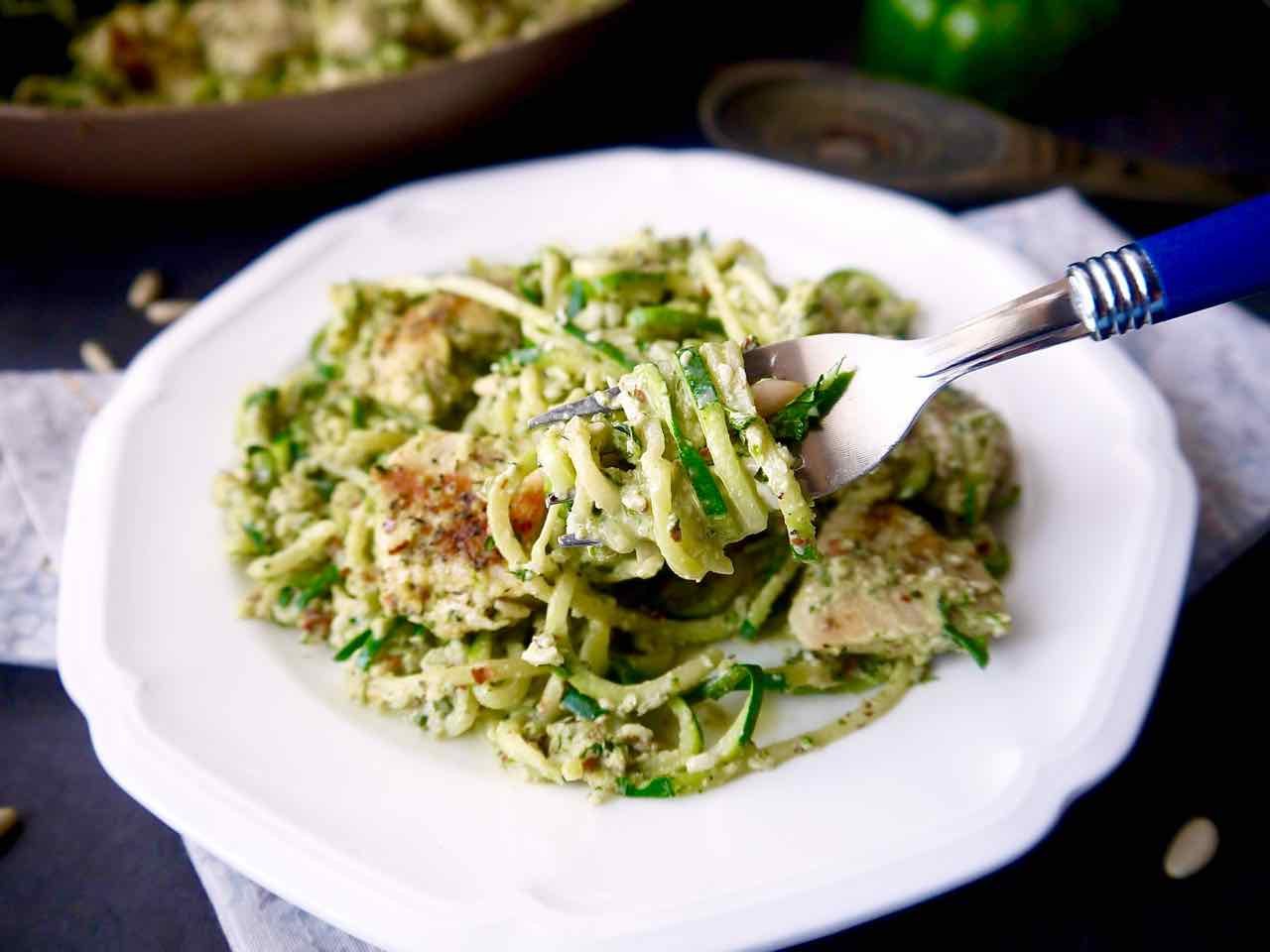 Paleo Green Pepper and Almond Pesto Zoodles & Chicken