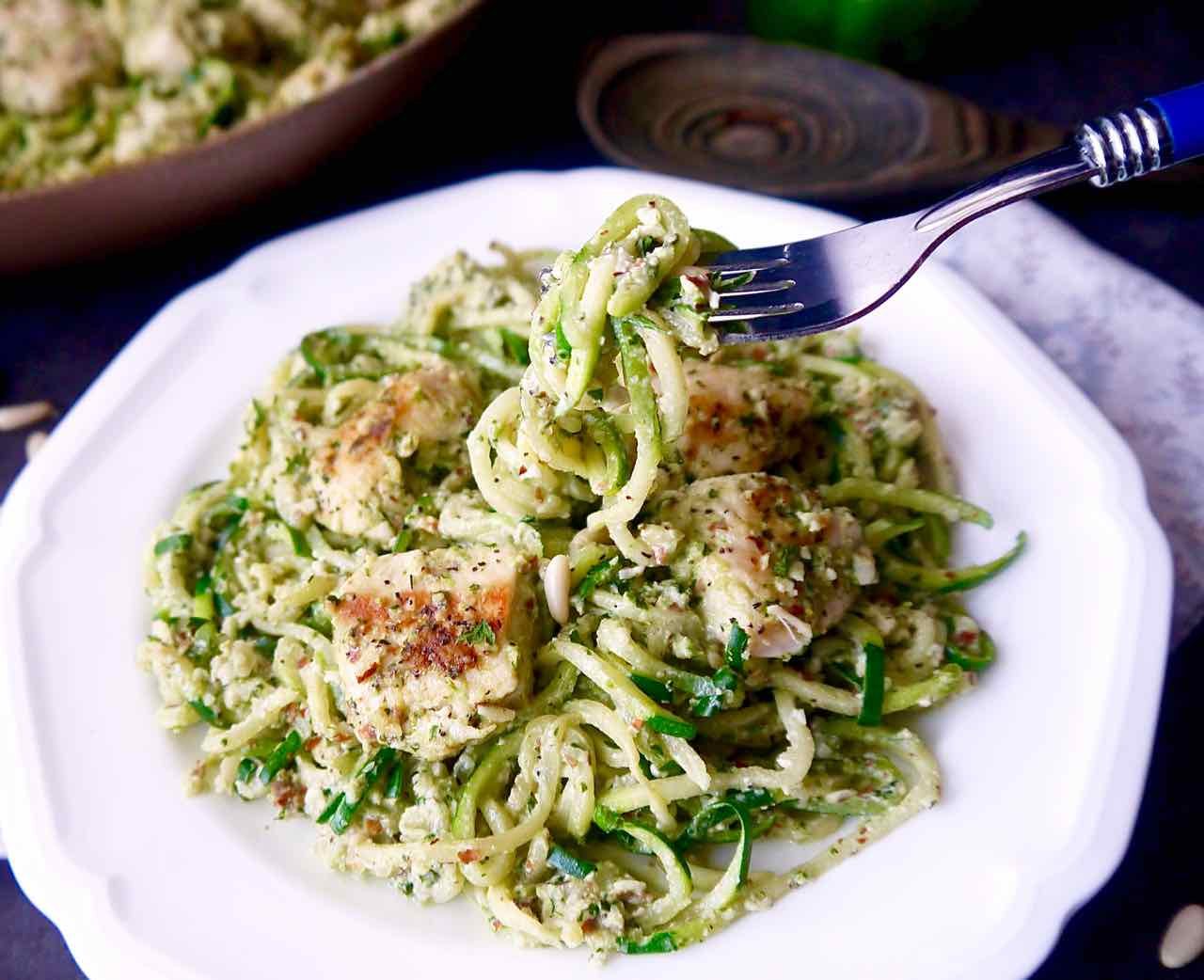 Paleo Green Pepper & Almond Pesto Zoodles & Chicken