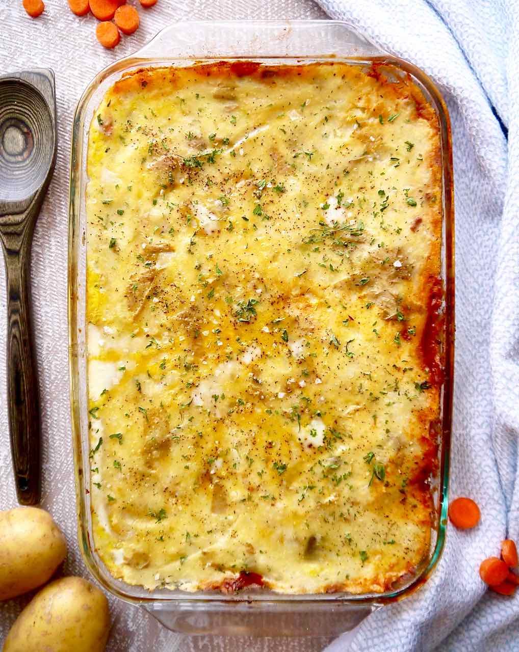 The whole pan of paleo shepherd's pie with ground lamb.