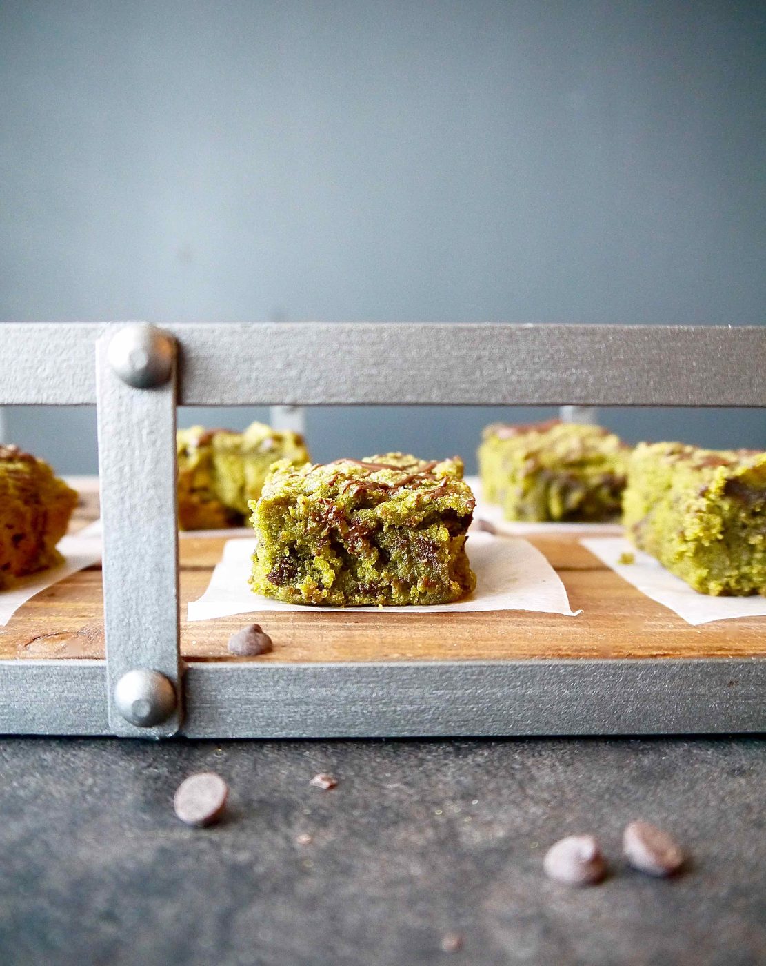 Gluten free matcha brownies in a basket.