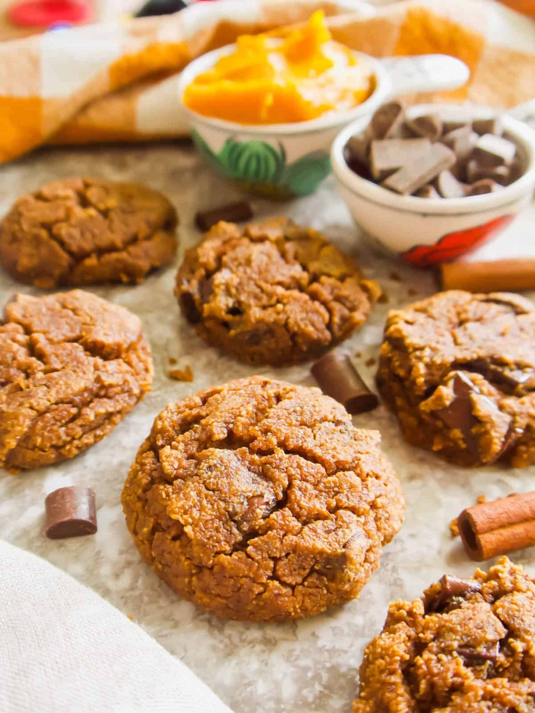 Almond flour pumpkin cookies surrounded by chocolate, pumpkin puree and cinnamon.
