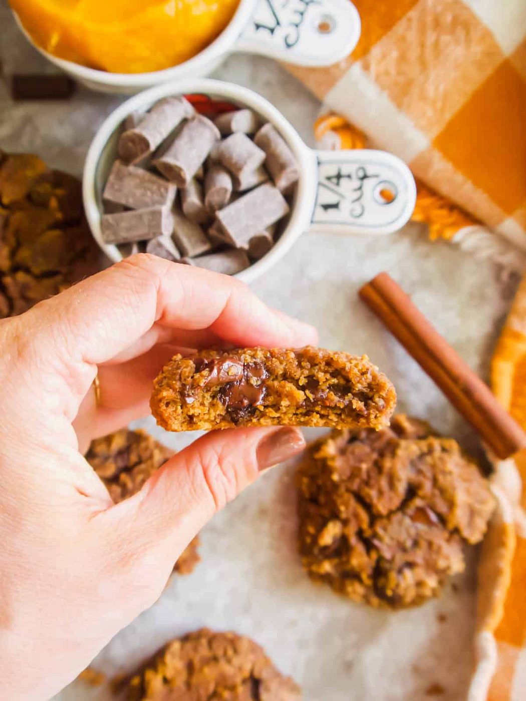Paleo Pumpkin Chocolate Chip Cookies in ones hands with a bite taken out of it.