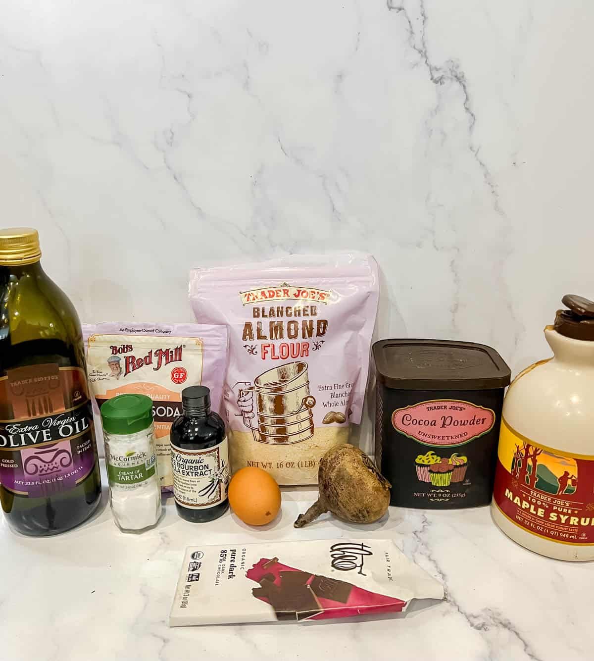 Ingredients to make gluten-free Paleo red velvet cookies.