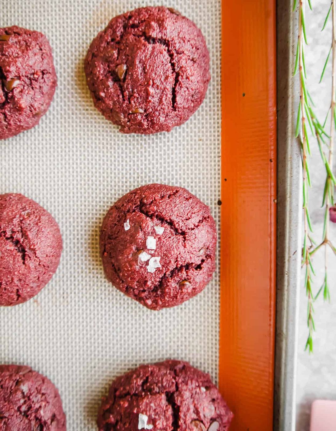Gluten-free red velvet cookies fresh out of the oven.