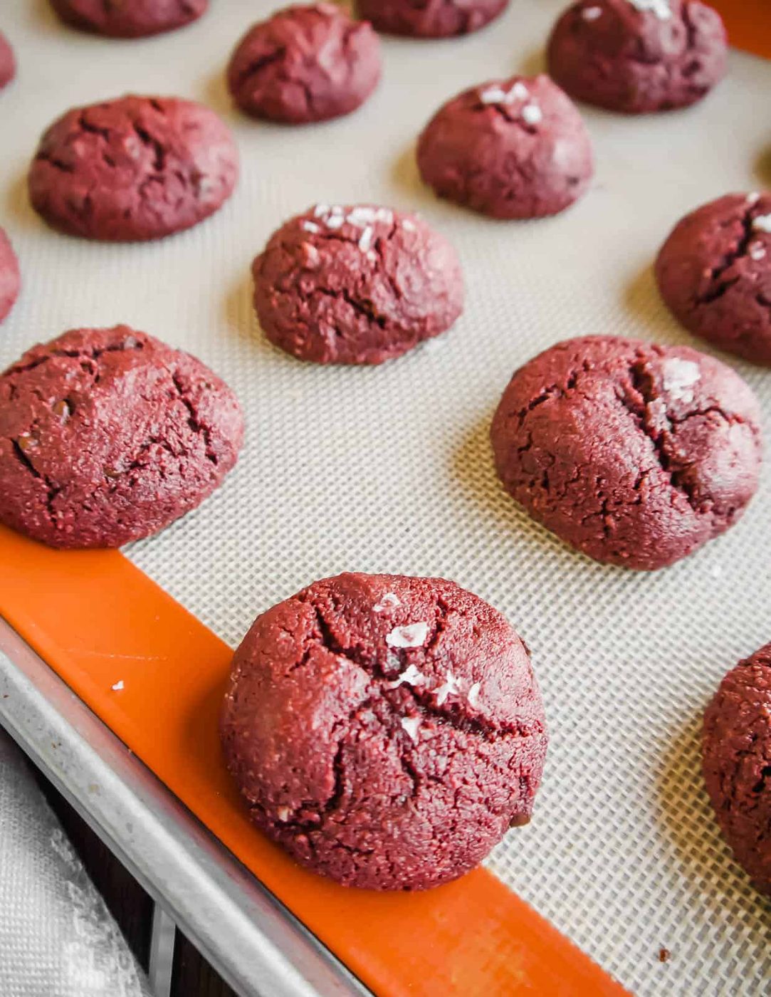 Gluten-free red velvet cookies freshly baked.