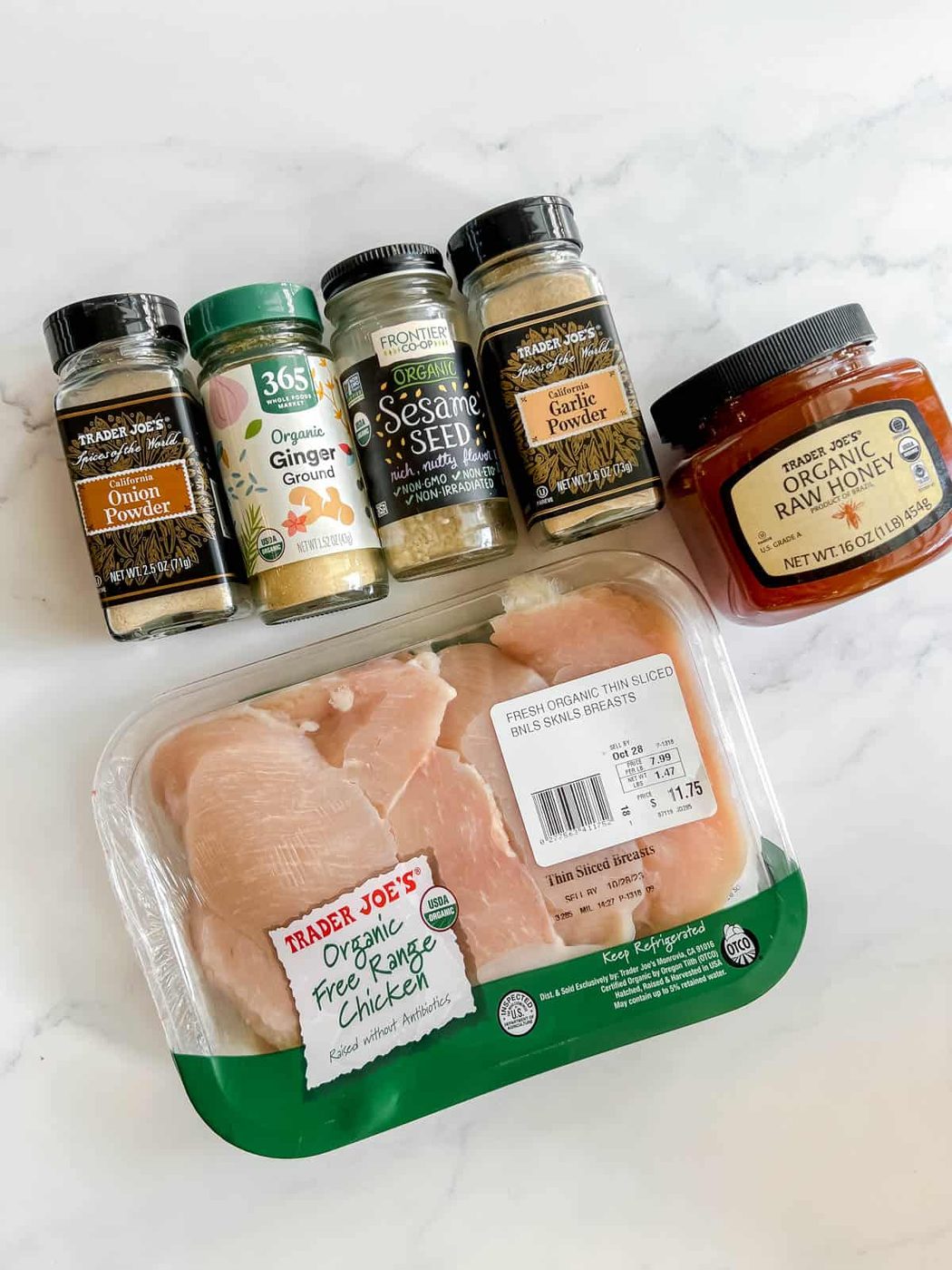Ingredients needed to make lighter honey sesame chicken.