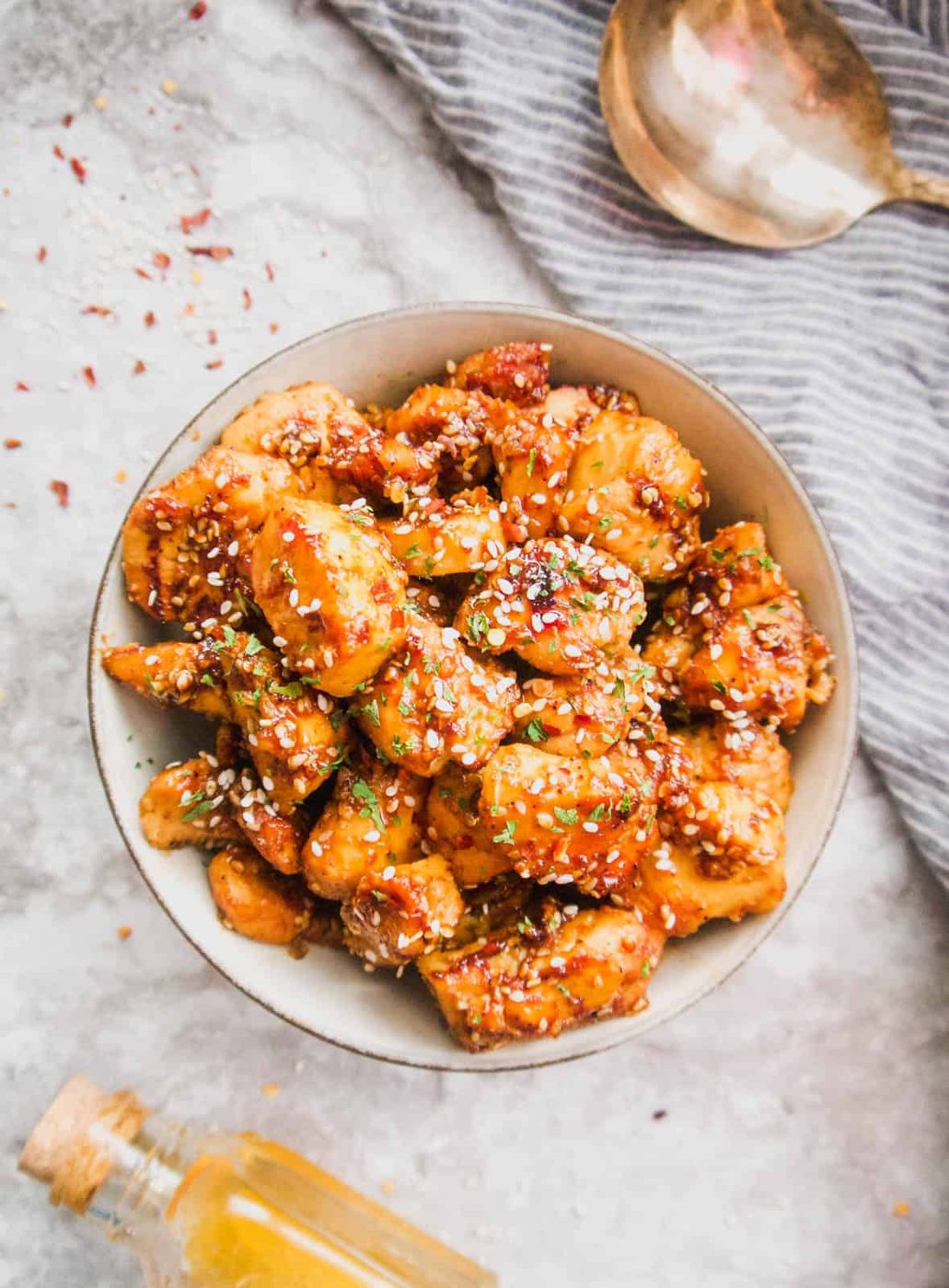 Guten-free sesame chicken in a large bowl.