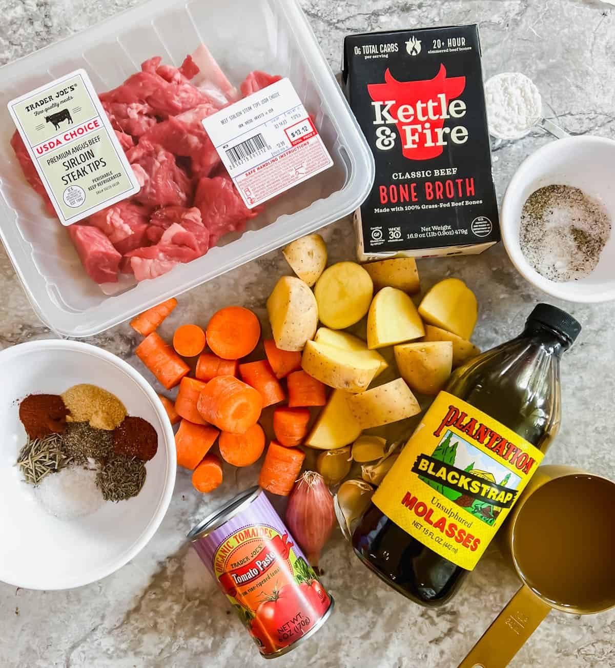 Ingredients needed to make lighter Irish beef stew.