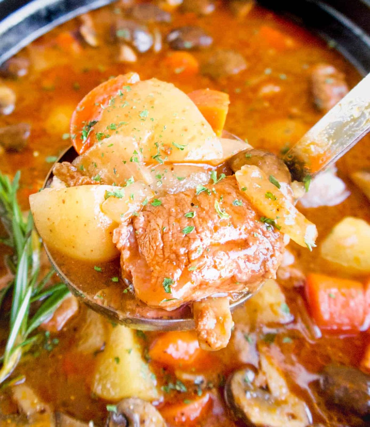 Paleo Irish stew in a ladle after cooking.