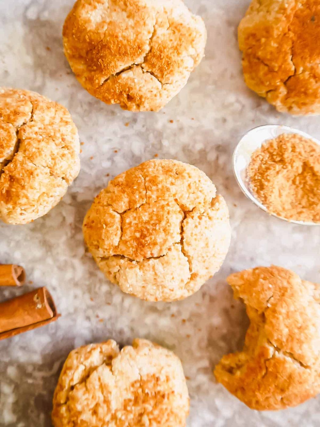 A plate of gluten-free snickerdoodles made with almond flour.