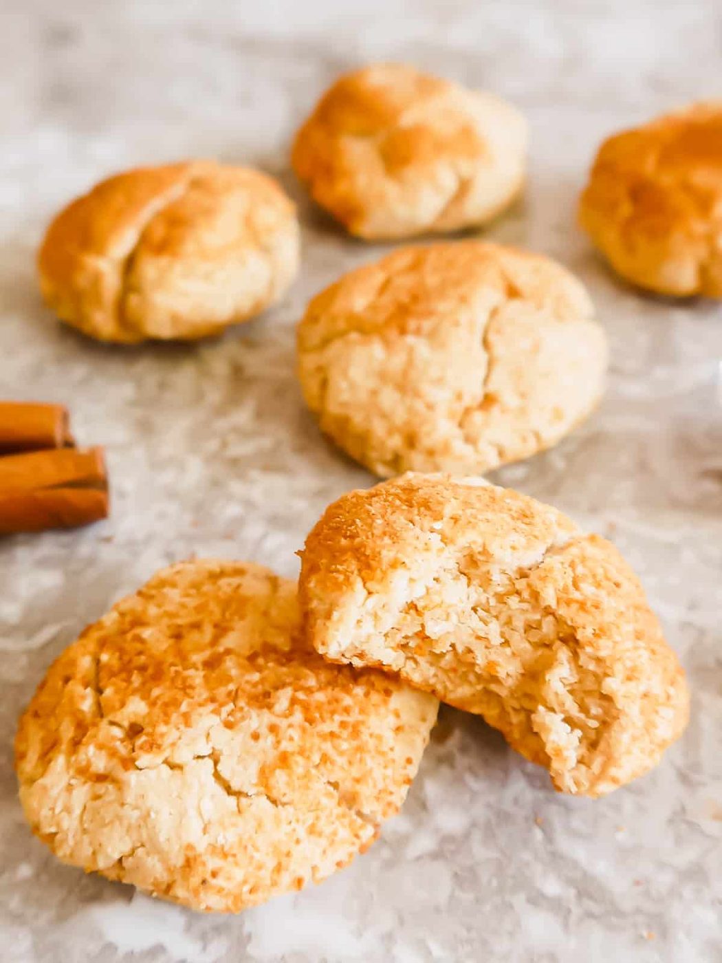 A bite taken out of a gluten-free snickerdoodle