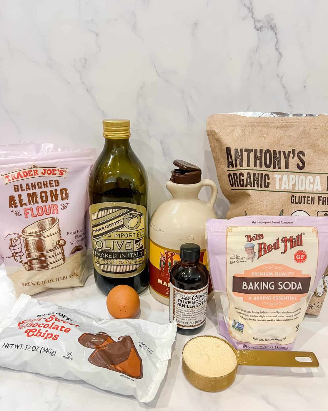 Ingredients needed to make paleo soft gluten-free chocolate chip cookies.