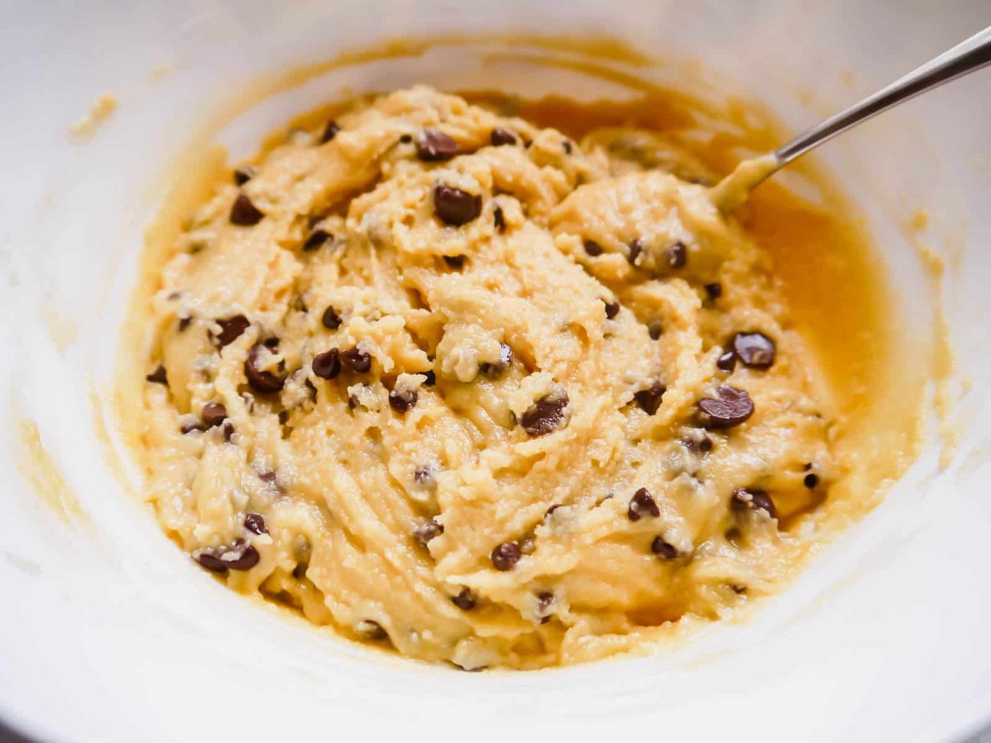 Soft almond flour chocolate chip cookie batter.