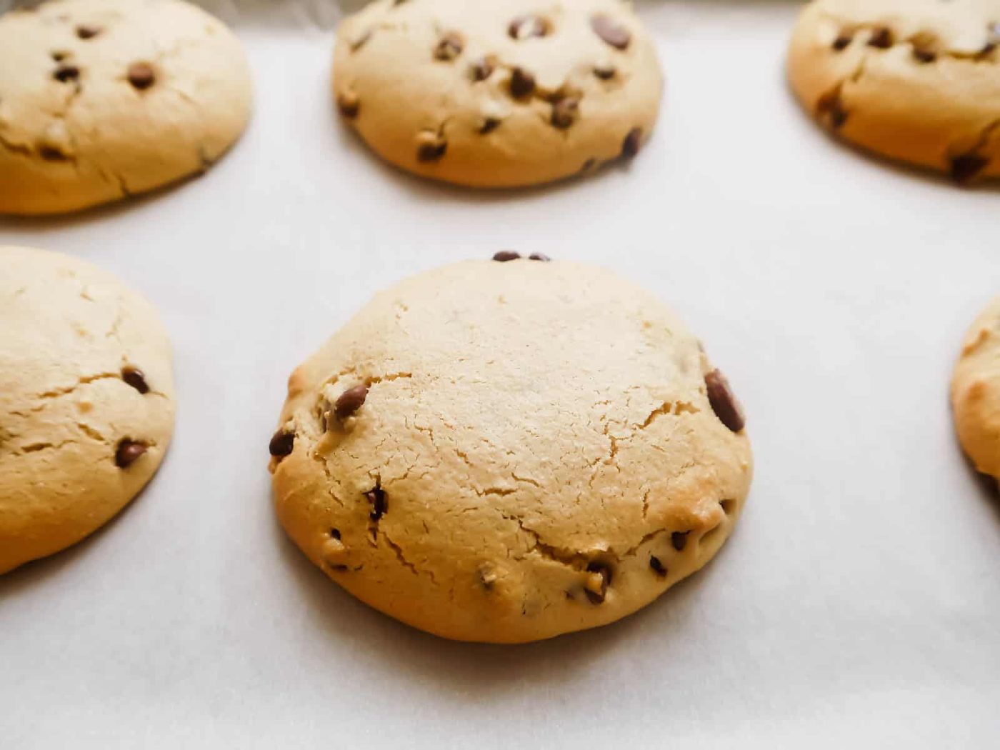 Paleo chocolate chip cookies after baking.