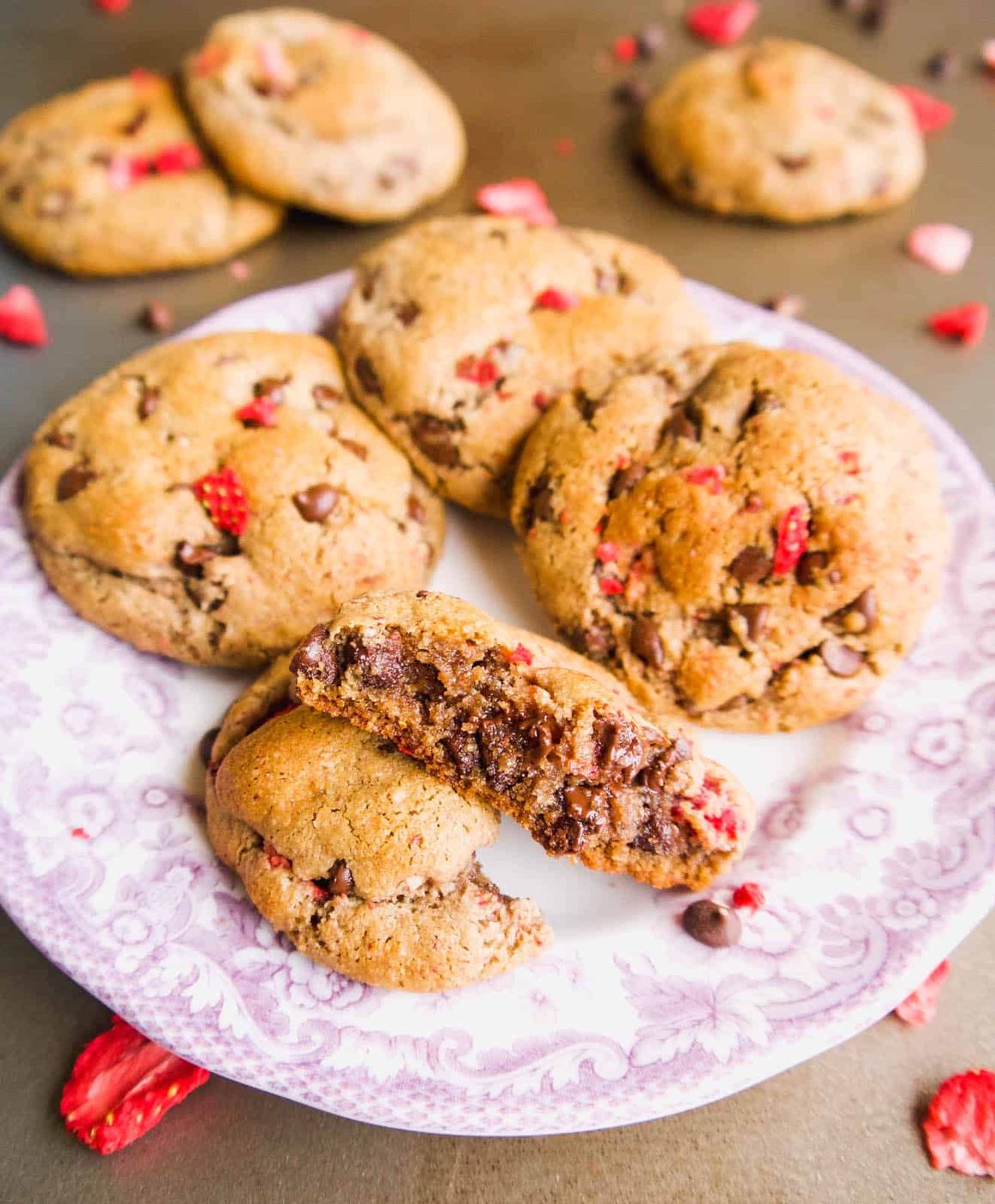Paleo Strawberry Chocolate Chip Cookie cut in half.