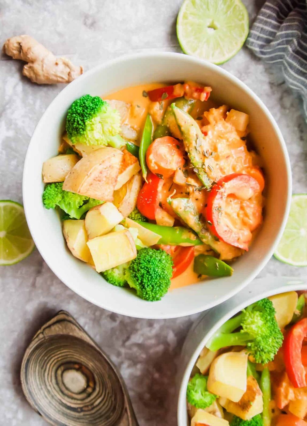 Thai vegetable red curry recipe in a large bowl.