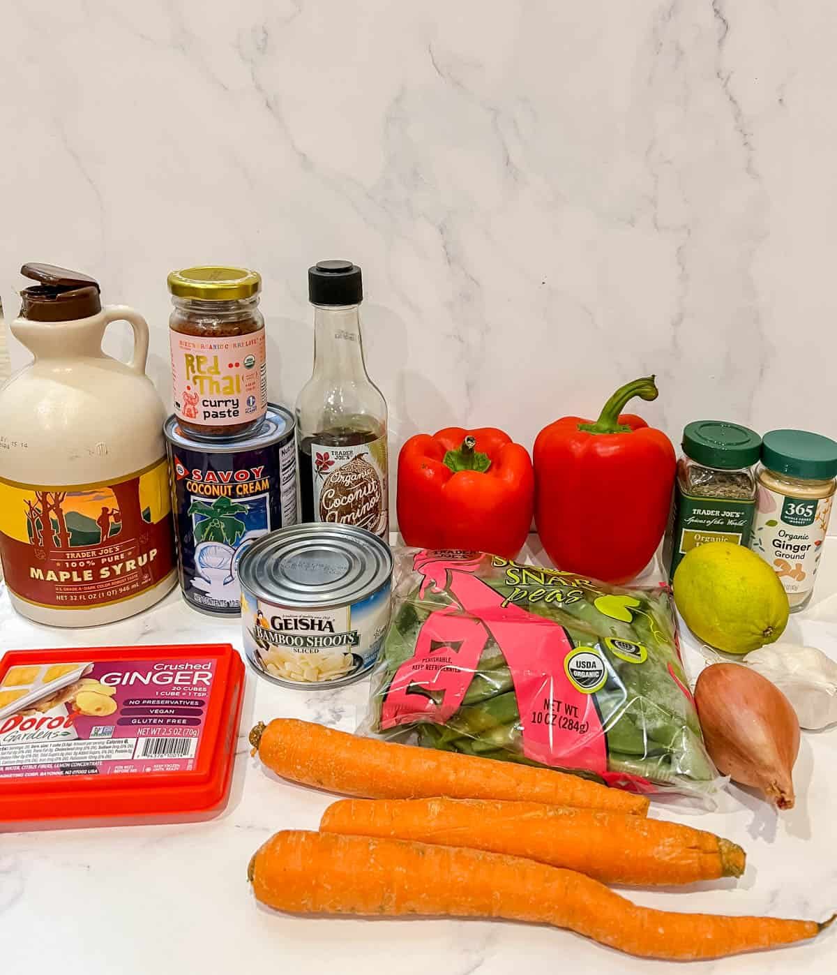 Ingredients needed to make vegan Thai red curry.