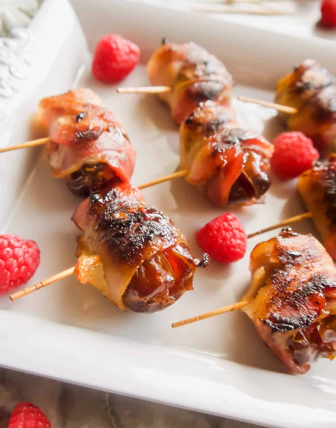 Raspberry Stuffed Dates Wrapped in Bacon, Paleo, Whole30