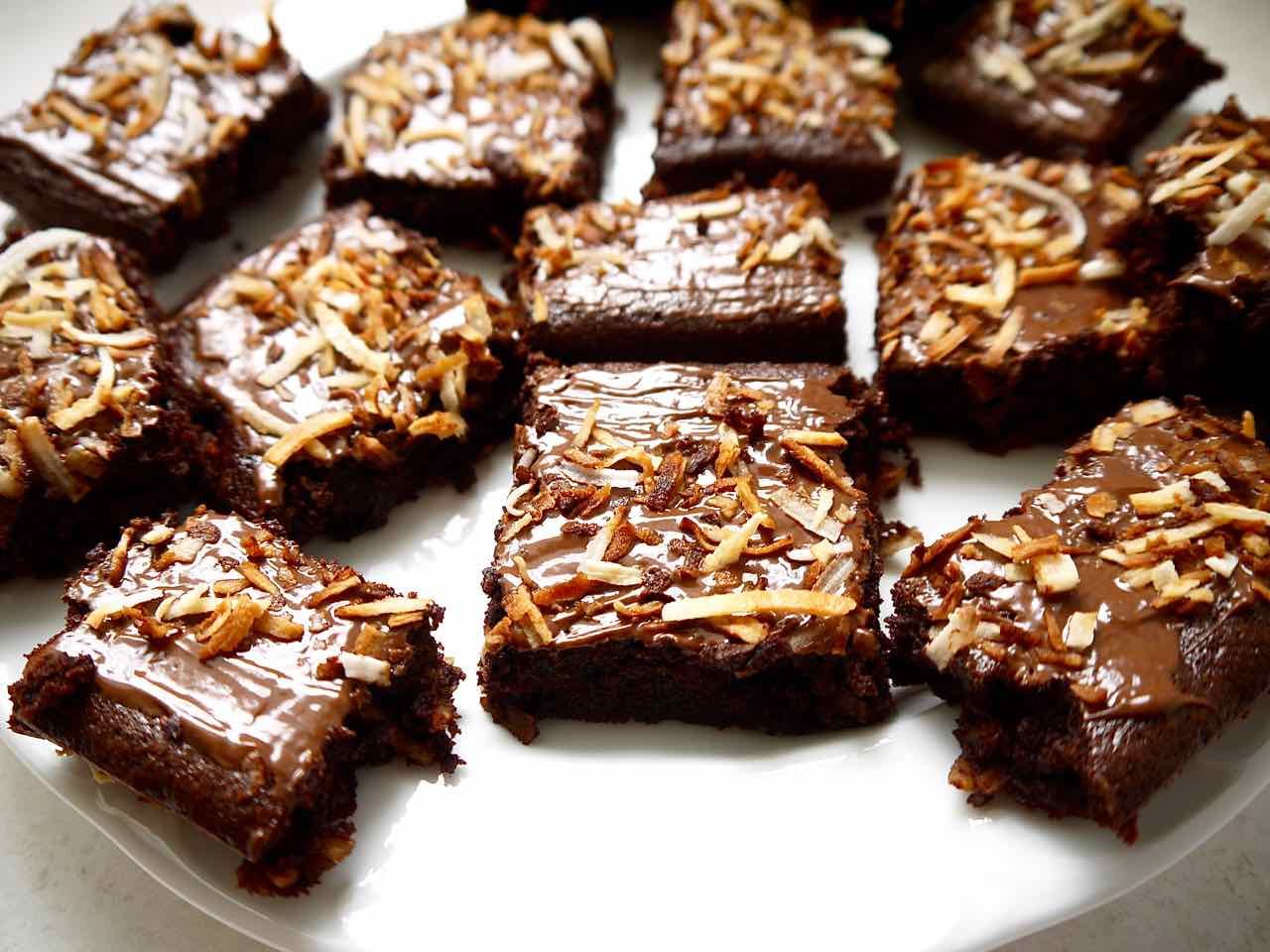 A plate of Gluten-free Toasted Coconut Brownies.