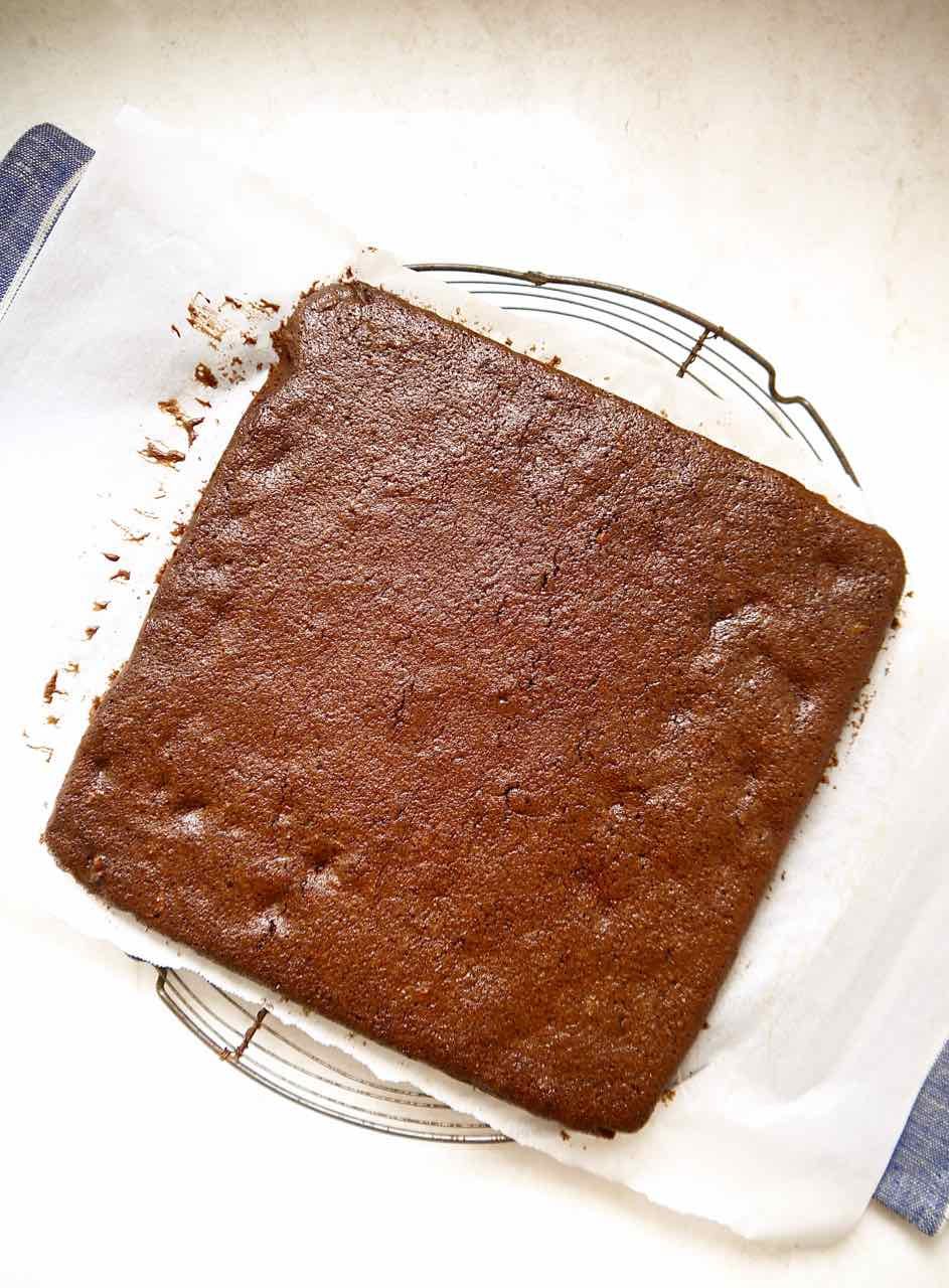 Coconut and chocolate brownies cooling on a cooling rack.