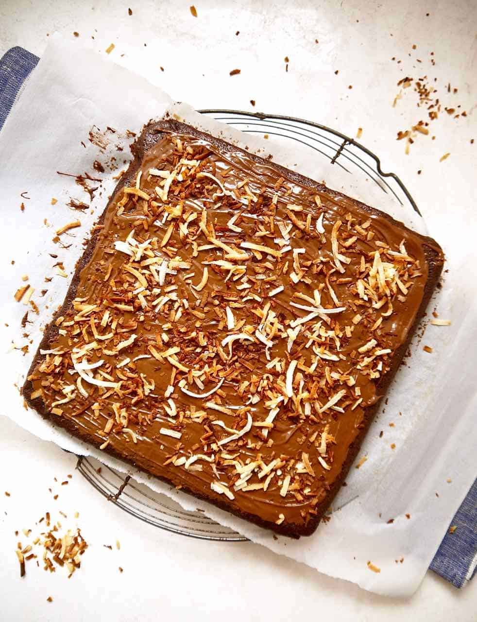 Toasted coconut added to the top of the brownies.