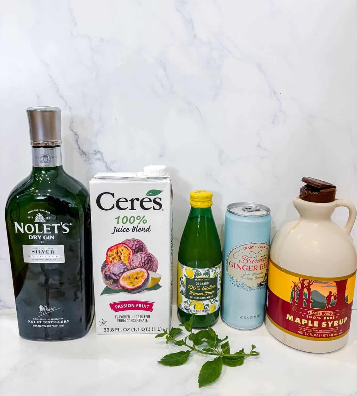 Ingredients needed to make this passion fruit gin cocktail.
