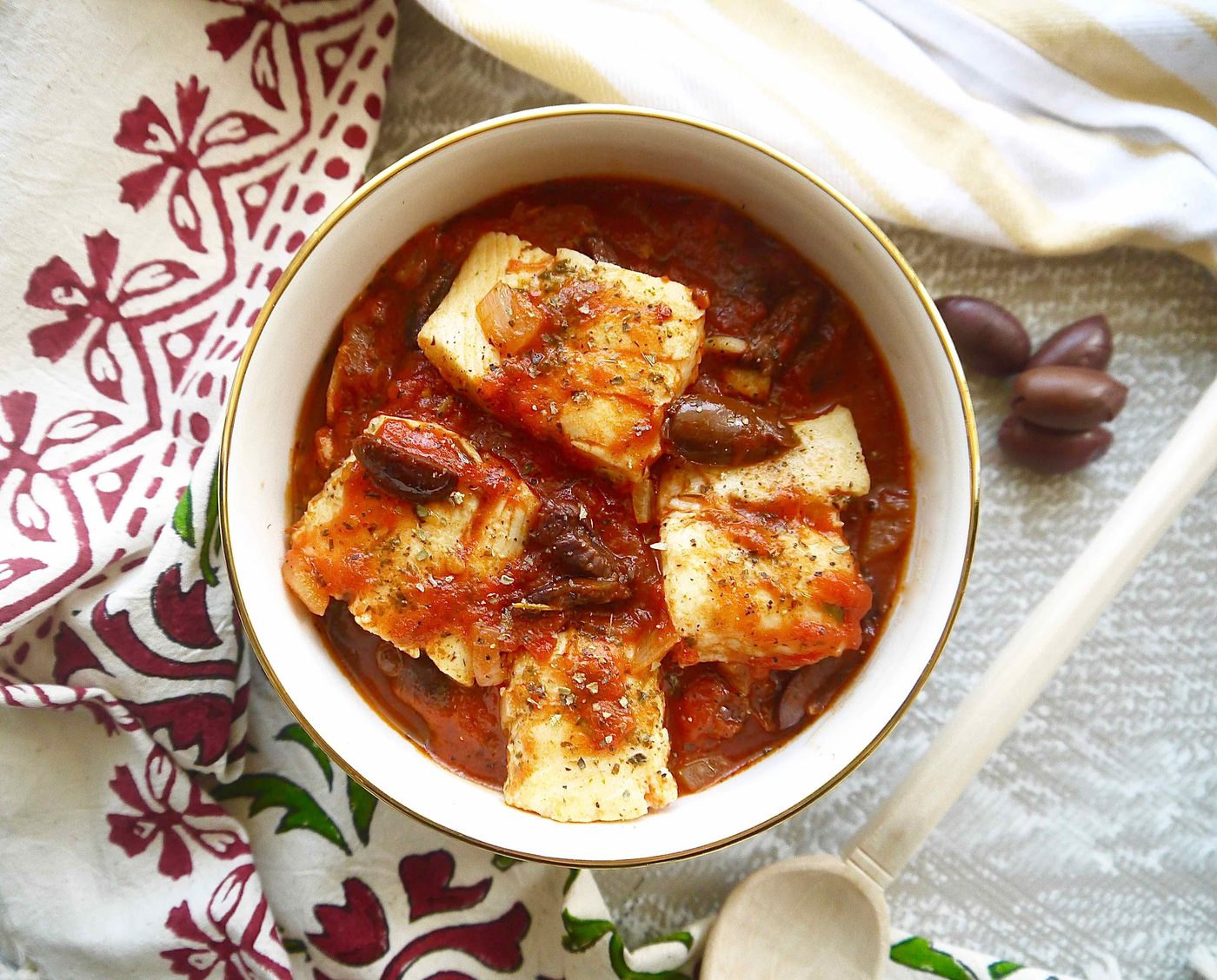 Poached Halibut in San Marzano Tomato Sauce with Olives (Paleo, GF)