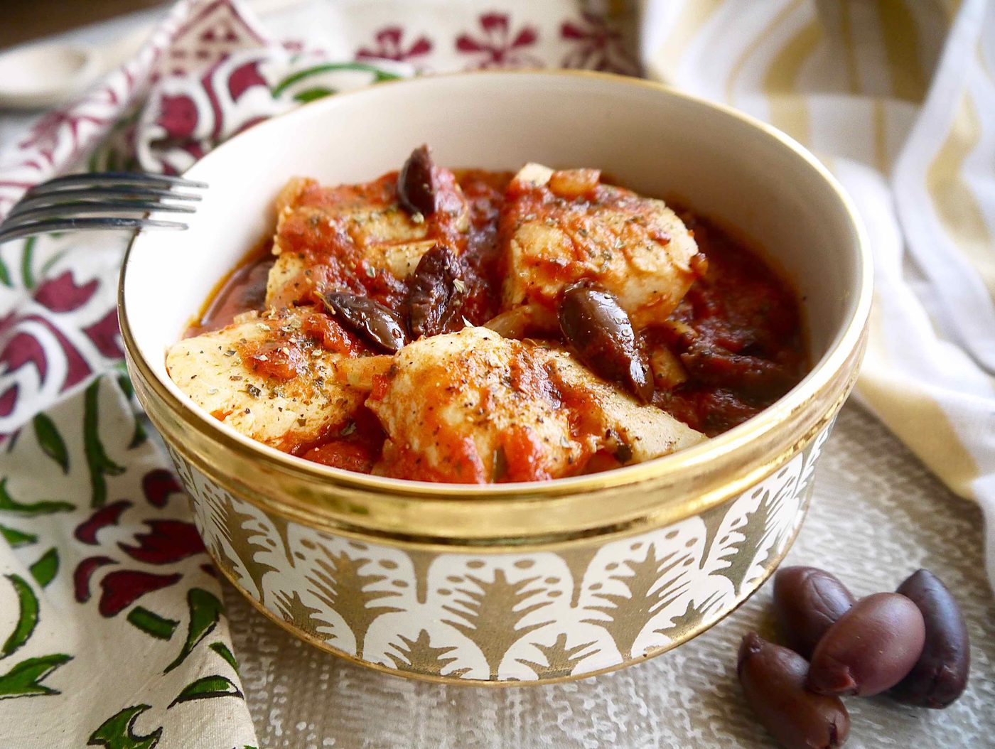 Poached Halibut in San Marzano Tomato Sauce with Olives (Paleo, GF)