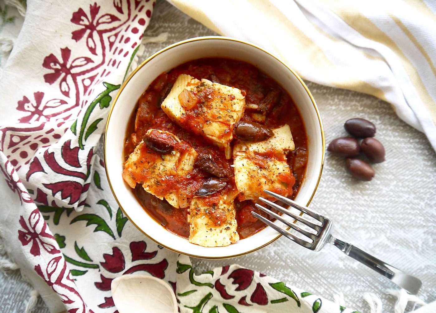 Poached Halibut in San Marzano Tomato Sauce with Olives (Paleo, GF)