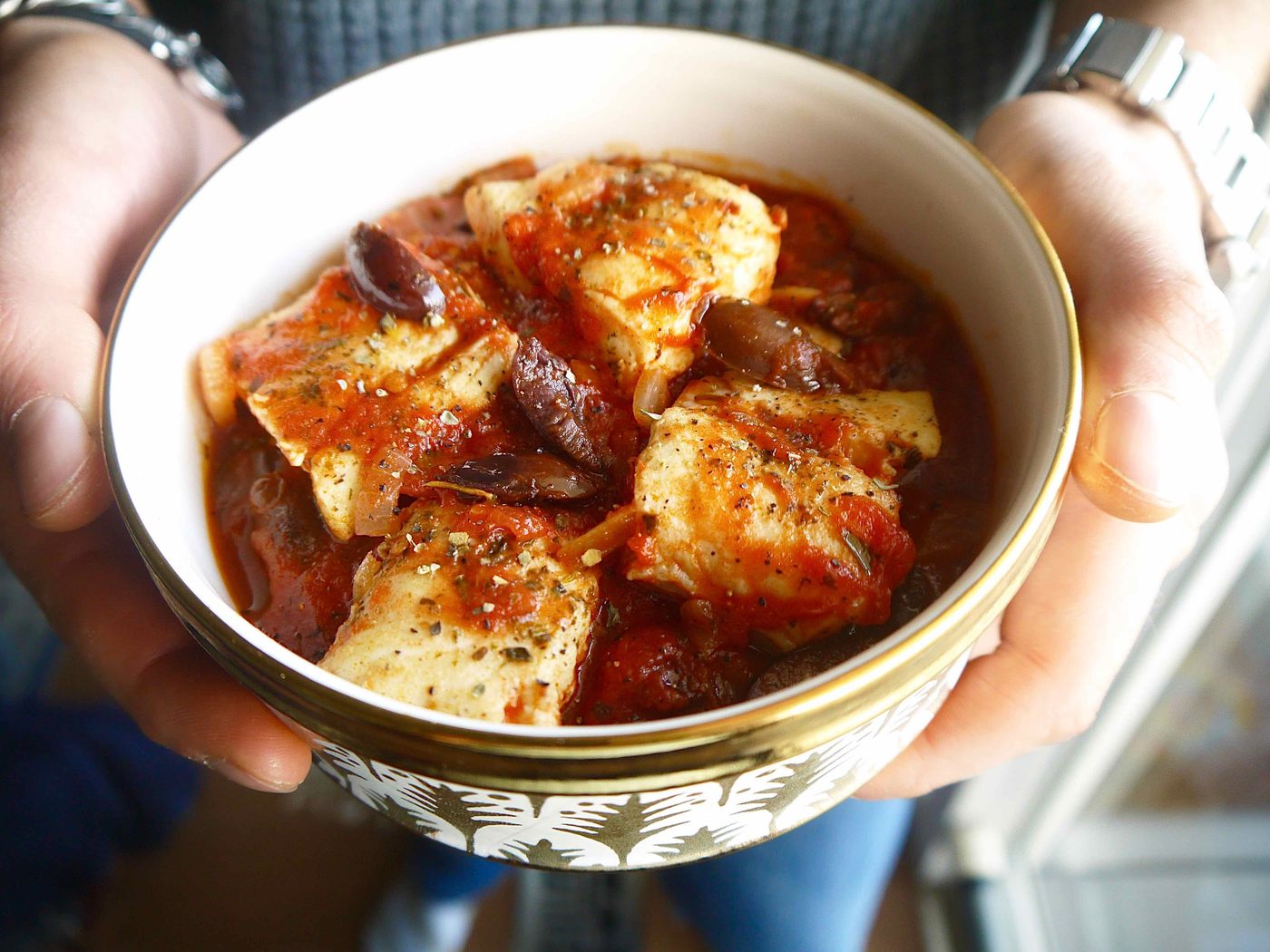 Poached Halibut in San Marzano Tomato Sauce with Olives (Paleo, GF)