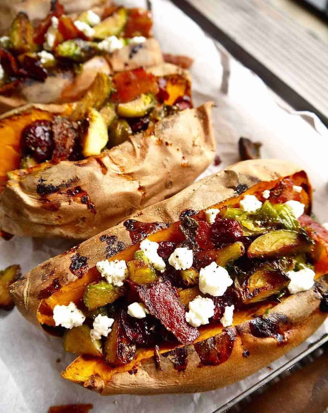 Brussel sprout sweet potato cranberry recipe in baked potato form.