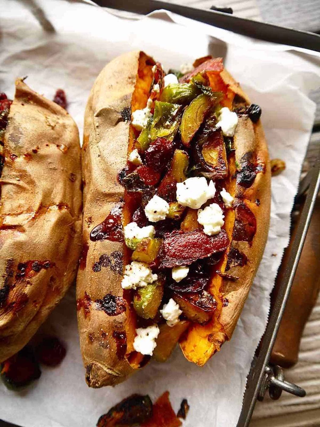 Brussels Sprouts, Bacon, & Cranberry Stuffed Sweet Potatoes